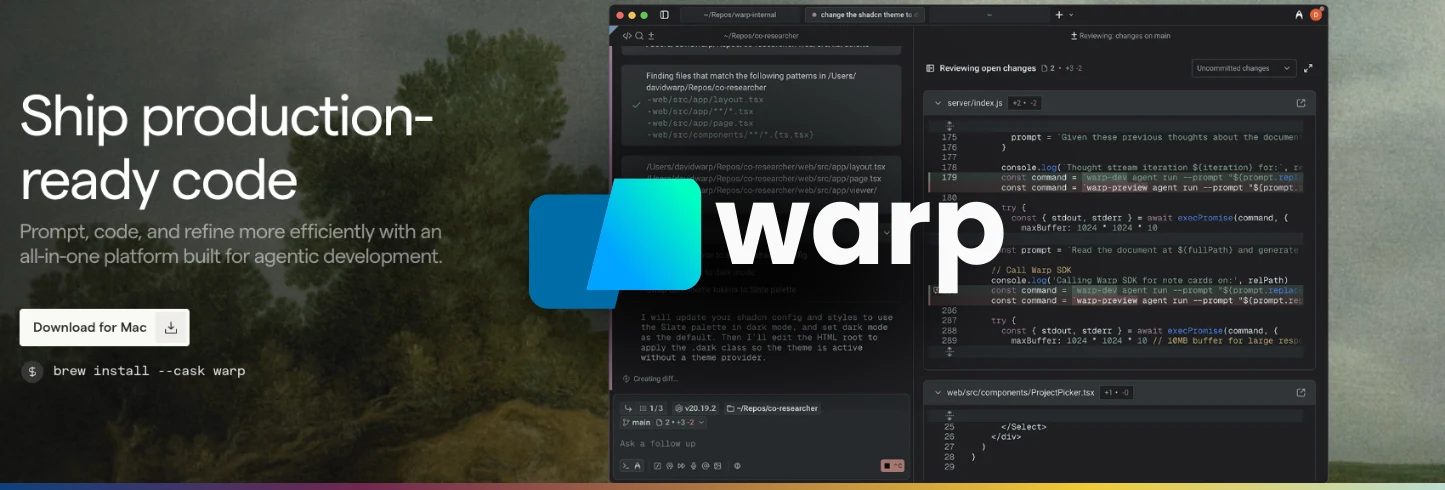 Promotional banner for Warp Code, an AI coding platform. The image shows the Warp logo and the headline 'Ship production-ready code' over a screenshot of its code editor tracking AI-generated diffs.