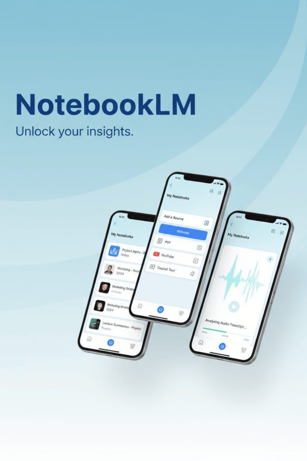 Promotional banner for Google's NotebookLM, an AI-powered note-taking and research assistant. The image features the NotebookLM logo alongside multiple screenshots of the mobile app interface, showcasing features for organizing notes and creating AI-generated audio summaries on a smartphone.