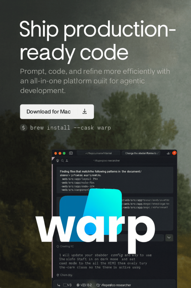 Promotional banner for Warp Code, an AI coding platform. The image shows the Warp logo and the headline 'Ship production-ready code' over a screenshot of its code editor tracking AI-generated diffs.