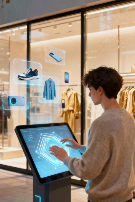 editorial-style digital illustration representing Retail in the Age of Generative AI. Showing a calm, creative atmosphere blending human imagination with technology. Including subtle elements like a retail storefront, abstract product visuals, or a shopper interacting with an AI interface on a screen.