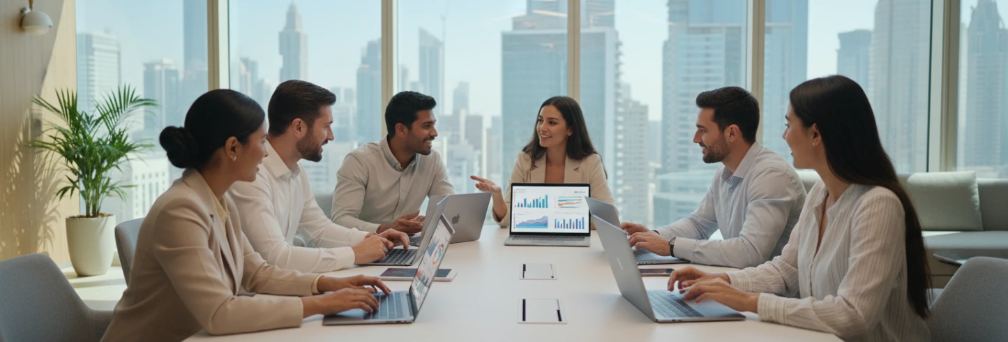 A hyper-realistic photograph of a diverse team of marketing professionals in a bright modern Dubai office, collaborating around laptops and digital tablets with dashboards on screen, showing charts and analytics.