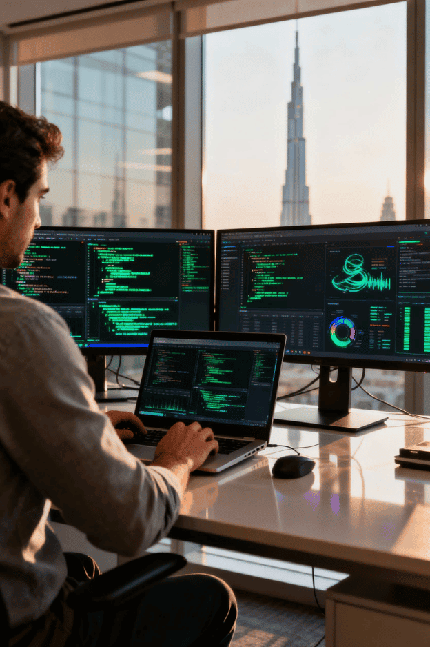 Hyper-realistic photo of a person working on advanced AI systems inside a modern Dubai tech office, computer screens reflecting code and data visuals, Burj Khalifa blurred outside the glass window. Realistic lighting, lifelike human texture, soft reflections, professional DSLR depth of field, no digital art style, photo that looks completely real.