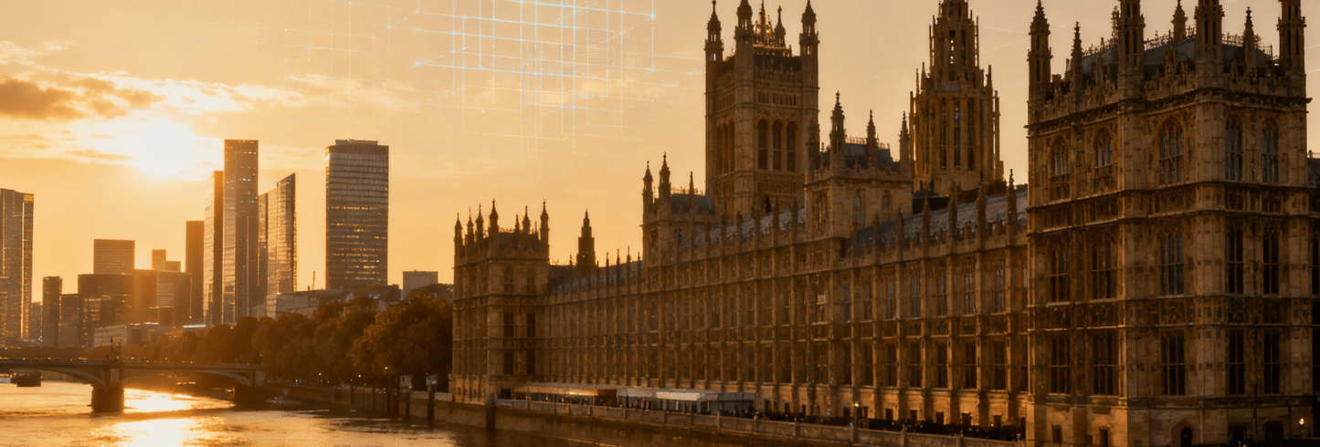 Ultra-realistic photograph showing the Houses of Parliament and the London skyline during golden hour, warm sunlight reflecting on the Thames, subtle modern tech theme — faint digital grid overlay symbolizing AI and data innovation, yet still natural and elegant. Composition shows balance between heritage and technology. Taken with 35 mm DSLR lens, cinematic lighting, editorial photo style, looks completely real, not digital art.