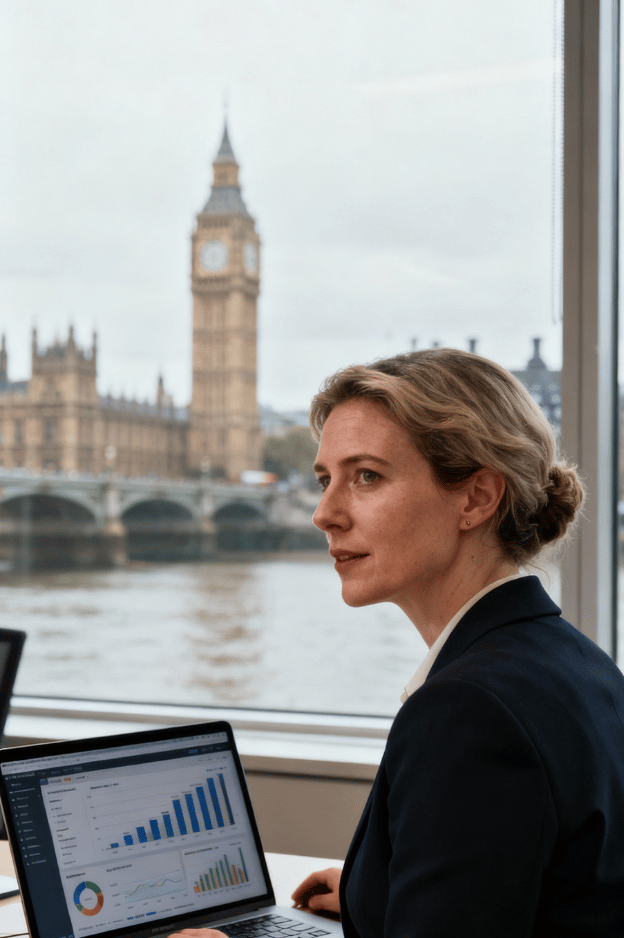 Hyper-realistic photo of a professional British woman in an office near the Thames, laptop open showing analytics dashboard, soft focus Big Ben visible through the window, natural daylight, neutral color tones, authentic corporate realism, symbolizing technology policy and leadership. Editorial portrait style, shallow depth of field, cinematic lighting, not digital art, realistic human skin texture.