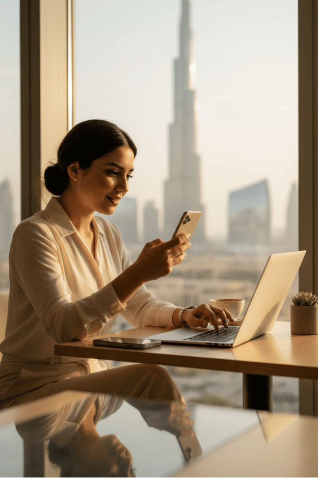 A high-quality, close-up photo of a young Middle Eastern professional woman sitting at a café in Dubai, using a smartphone and laptop with natural daylight coming through large windows.