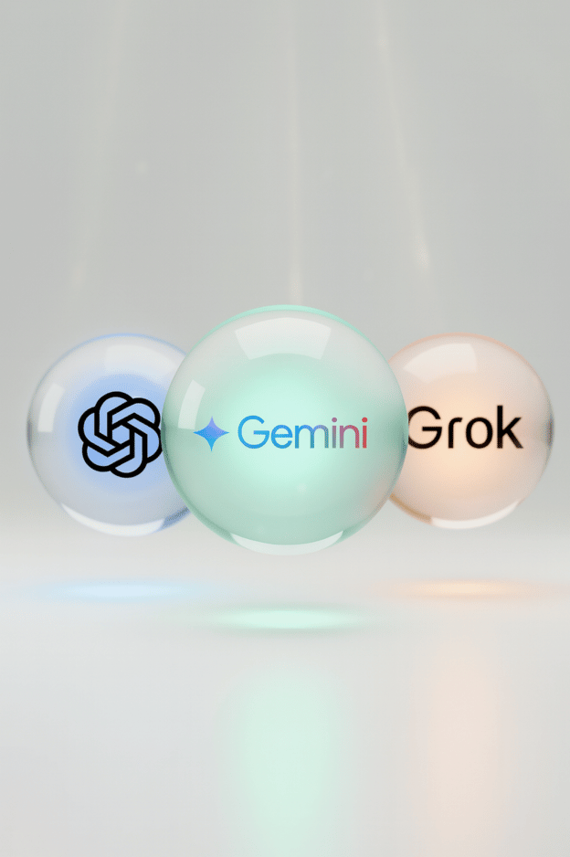 An image representing the AI chatbot race, featuring three glowing orbs containing the logos for OpenAI (ChatGPT), Google Gemini, and xAI's Grok.