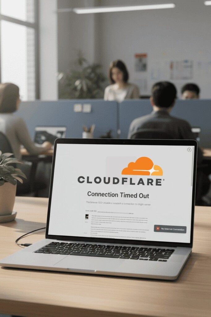 A realistic photograph-style thumbnail showing a laptop or desktop screen displaying a Cloudflare error message, with a blurred office background. Include subtle visual cues of internet disruption such as a loading spinner, a broken webpage, or a connection error alert.