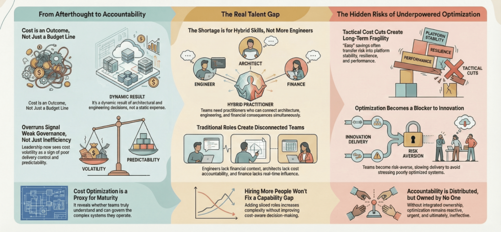 Illustration showing how cloud cost optimisation depends on hybrid talent across architecture, engineering, and finance, highlighting how underpowered optimisation teams create delivery risk, platform fragility, and reduced innovation velocity.