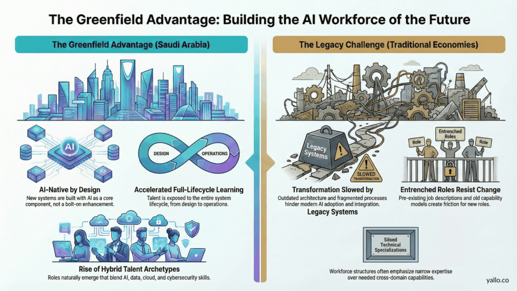 A comparative infographic showing Saudi Arabia’s greenfield advantage versus traditional economies’ legacy challenges. The left side highlights AI-native design, full-lifecycle learning, and hybrid talent roles emerging in Saudi Arabia. The right side shows legacy system constraints, entrenched job roles, and siloed technical specializations slowing transformation in traditional markets.
