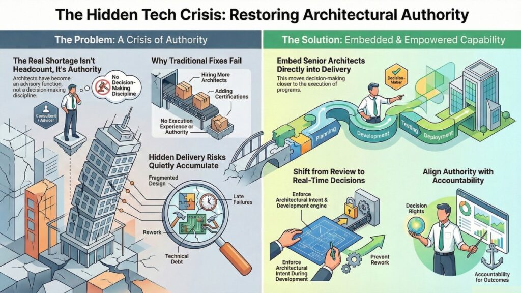 Illustration showing the contrast between advisory architecture roles with limited authority and embedded senior architects with decision-making power, highlighting how architectural authority reduces delivery risk and rework.
